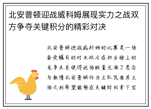 北安普顿迎战威科姆展现实力之战双方争夺关键积分的精彩对决